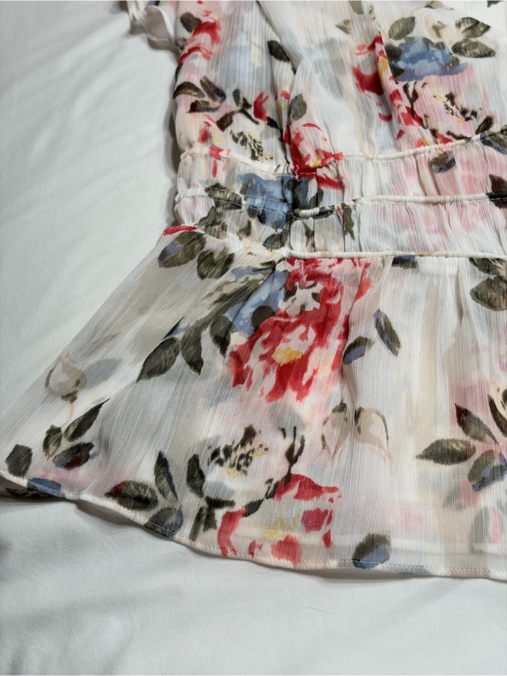 White House Black Market Floral V-Neck Peplum Blouse - White/Pink/Blue - Picture 8 of 16